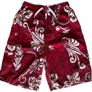 First Wave‎ Boys Burgundy Red Hibiscus Floral Swim Trunks Board Shorts Size 16